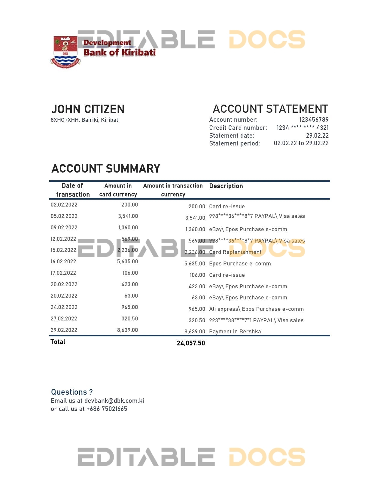 Kiribati Development Bank of Kiribati Excel and PDF template