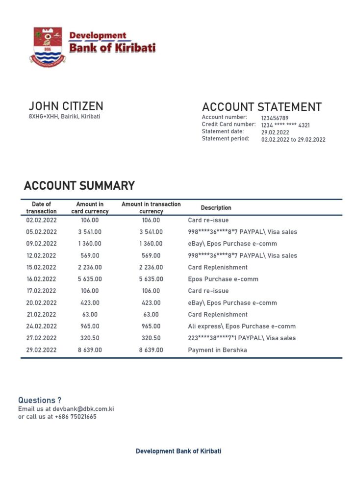 Kiribati Development Bank of Kiribati bank statement template in Word and PDF format