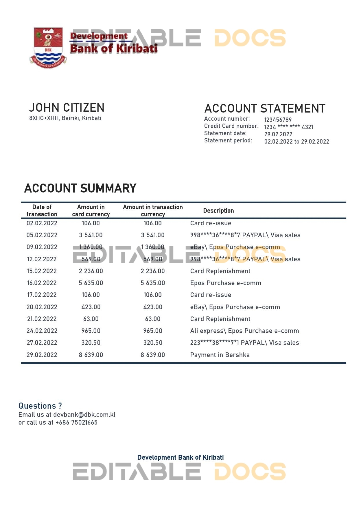 Kiribati Development Bank of Kiribati bank statement template in Word and PDF format