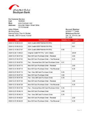 Kuwait Boubyan bank proof of address statement template in Word and PDF format