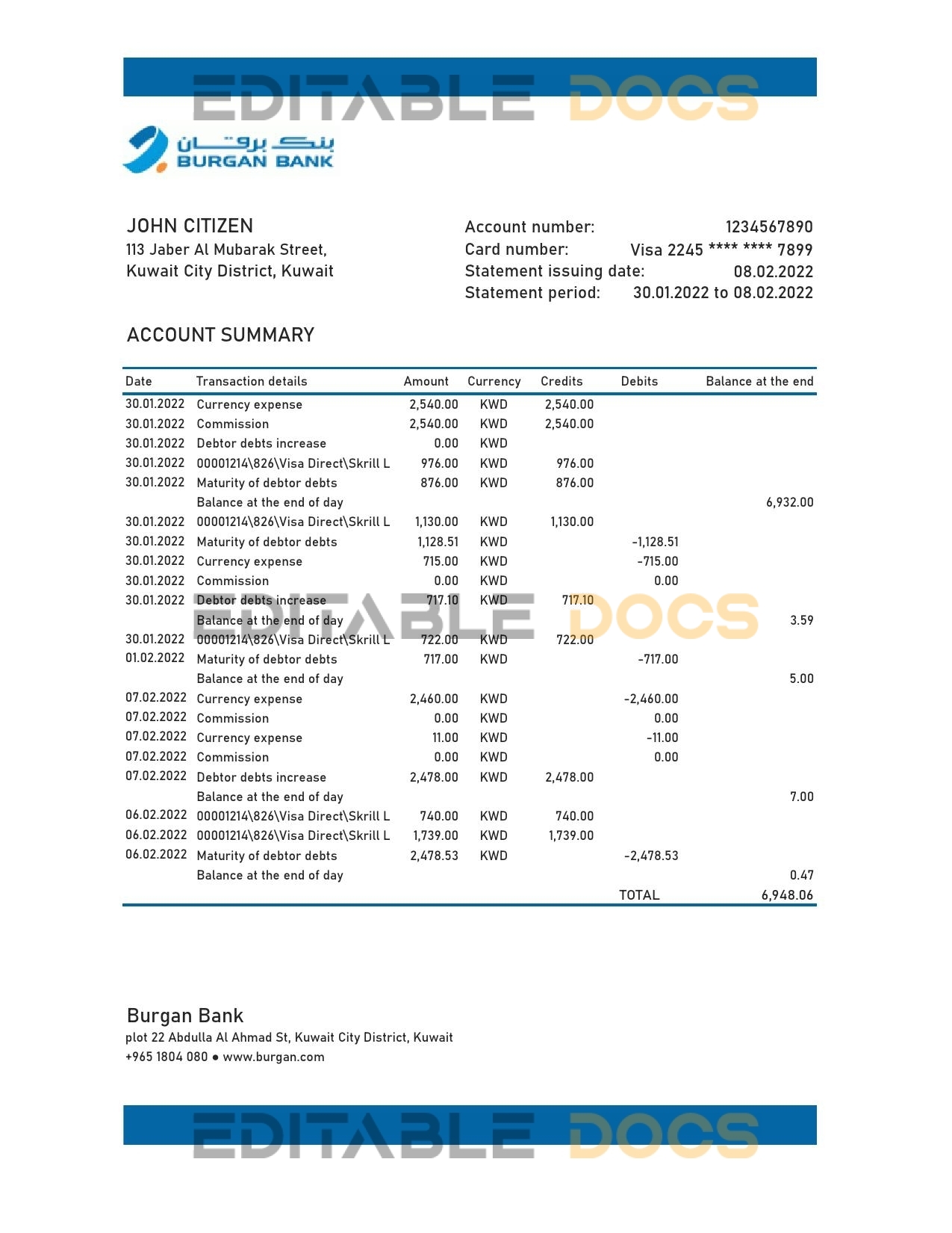 Kuwait Burgan bank statement Excel and PDF template