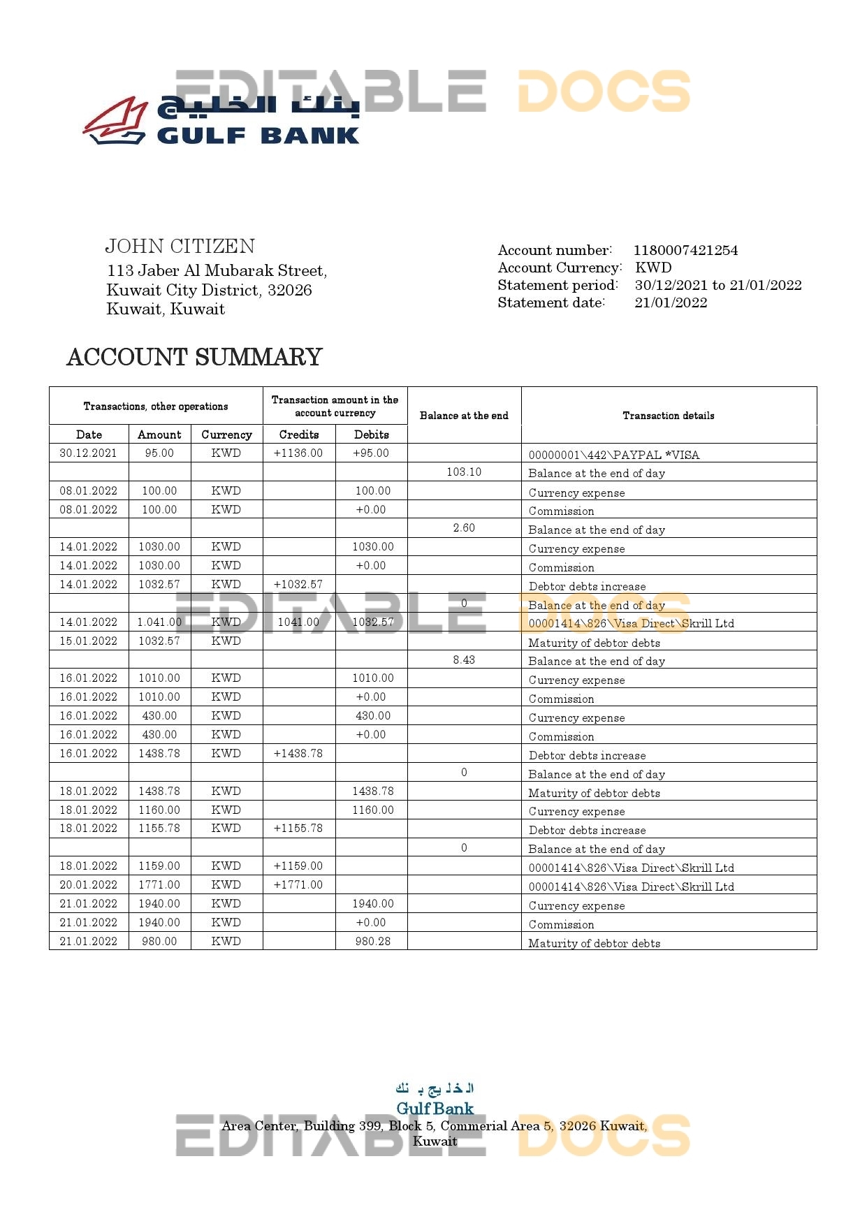 Kuwait Gulf Bank statement template in Word and PDF format