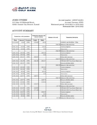 Kuwait Gulf bank statement Excel and PDF template
