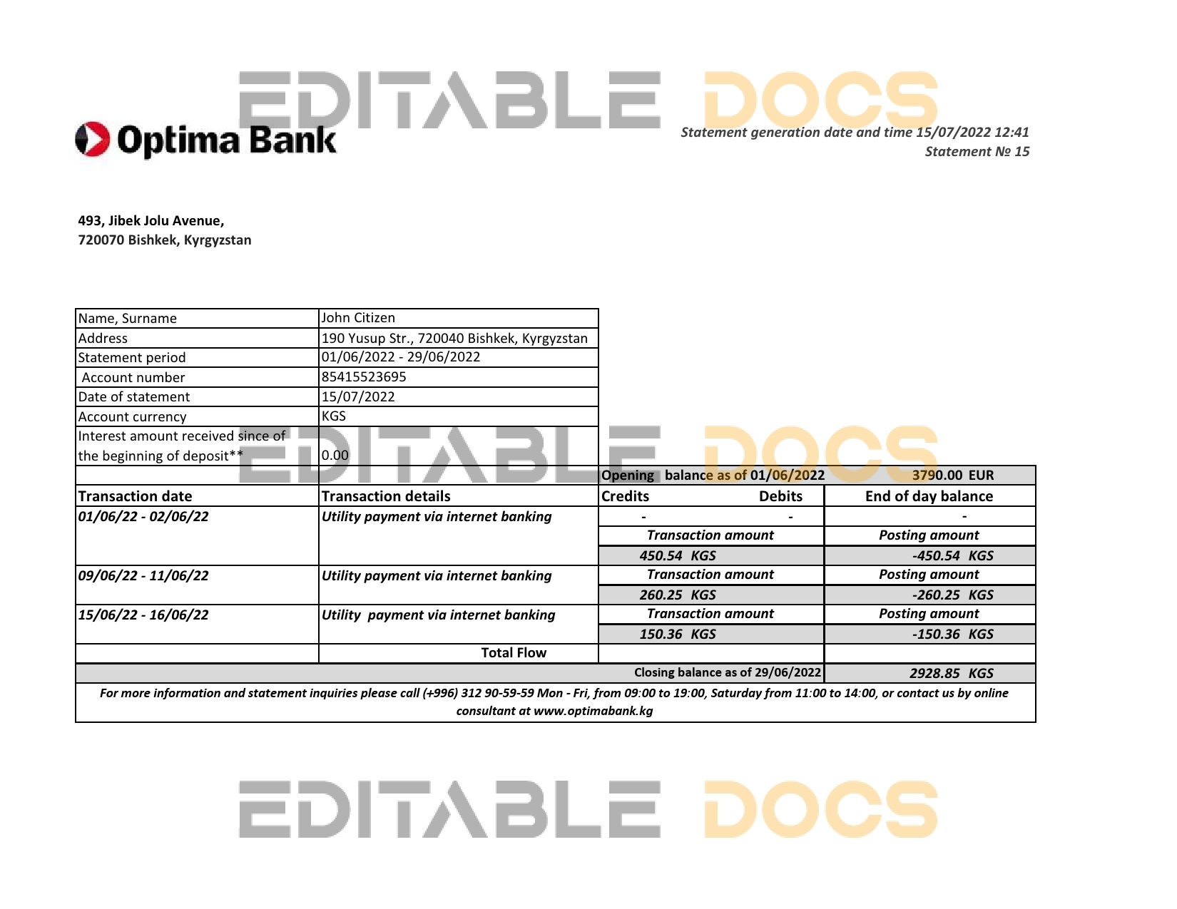 Kyrgyzstan Optima bank statement Excel and PDF template