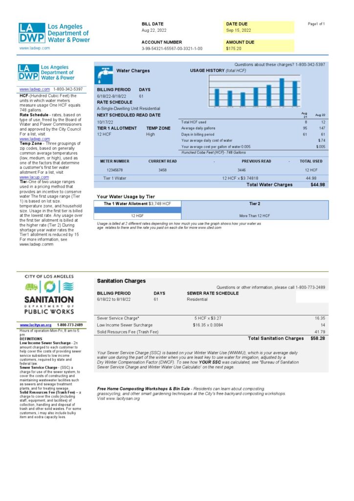 USA LA DWP utility bill template in Word and PDF format