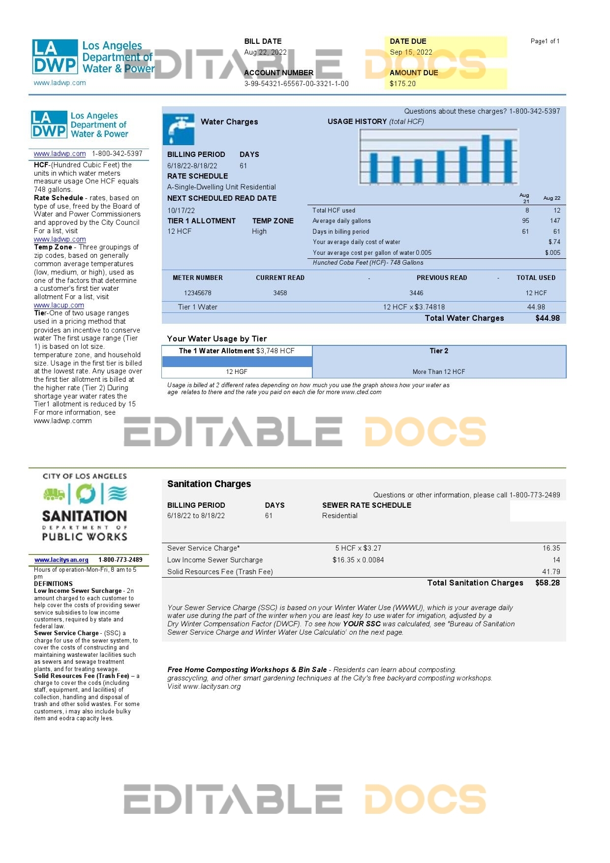 USA LA DWP utility bill template in Word and PDF format