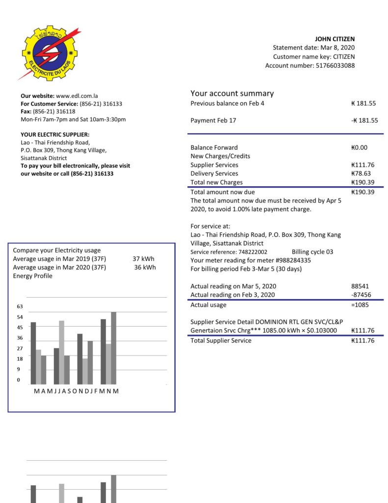 Laos Electricite du Laos electricity utility bill template in Word and PDF format
