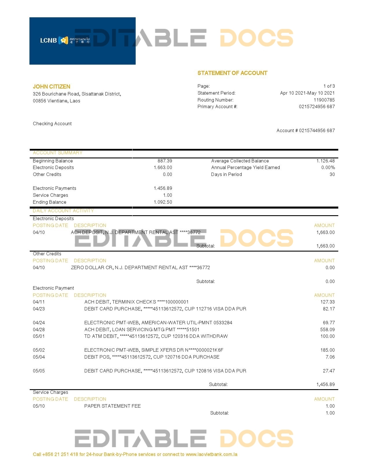 Laos LCNB Bank statement template in Word and PDF format