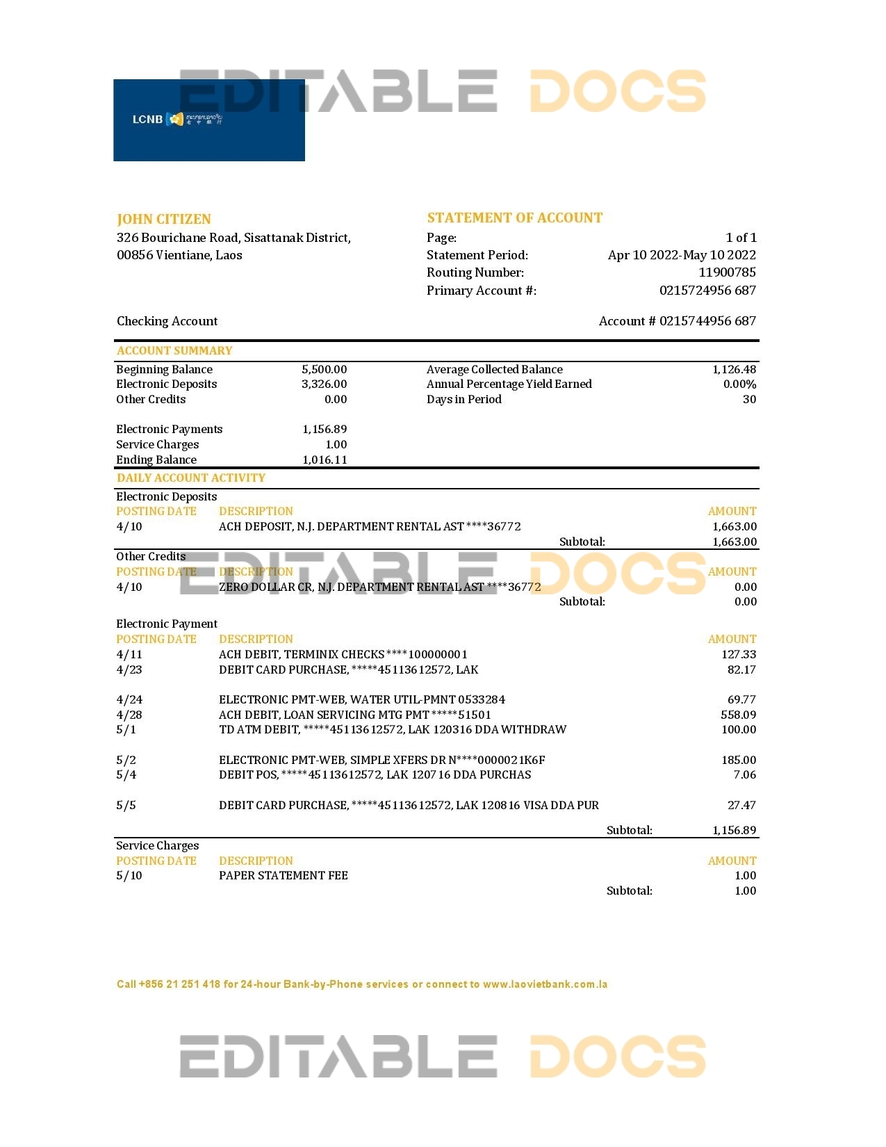 Laos LCNB bank statement Excel and PDF template