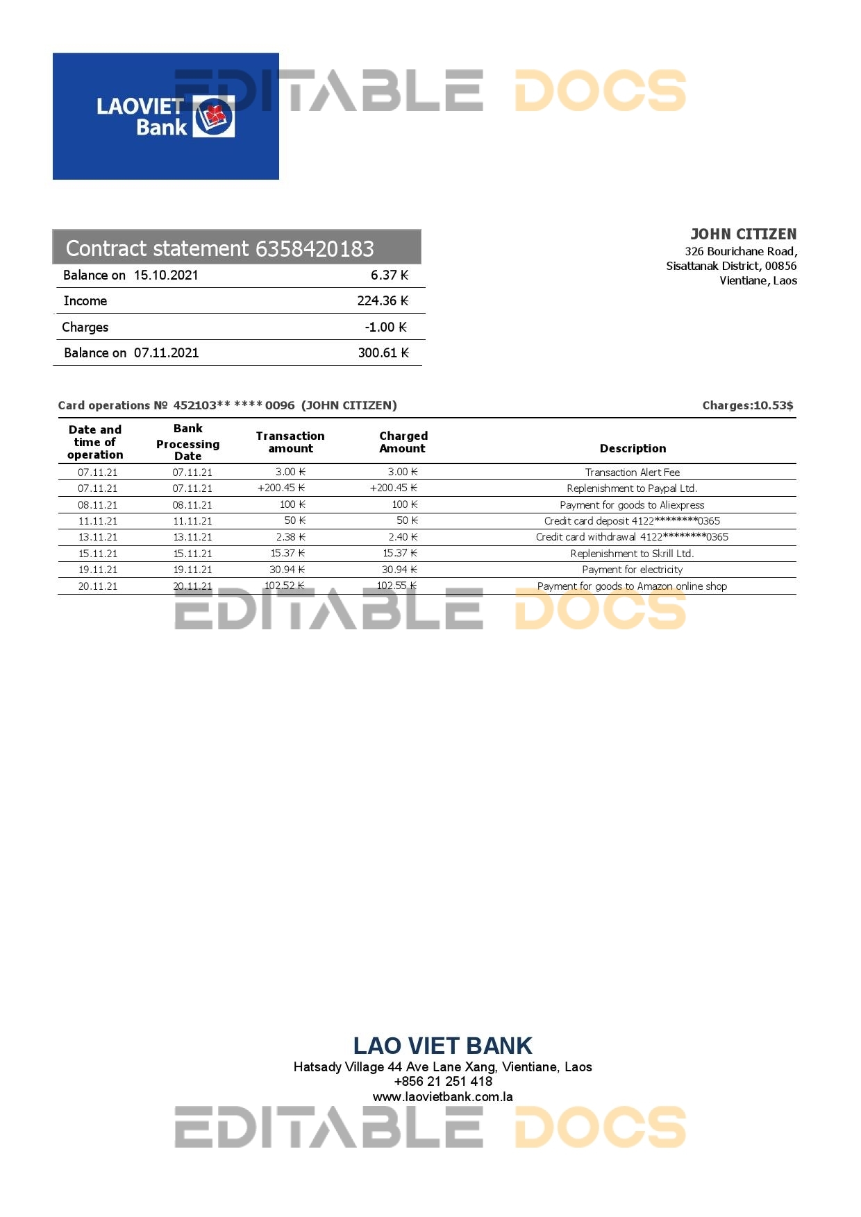 Laos Lao Viet Bank statement template in Word and PDF format
