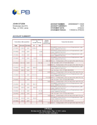 Latvia LPB bank statement Excel and PDF template