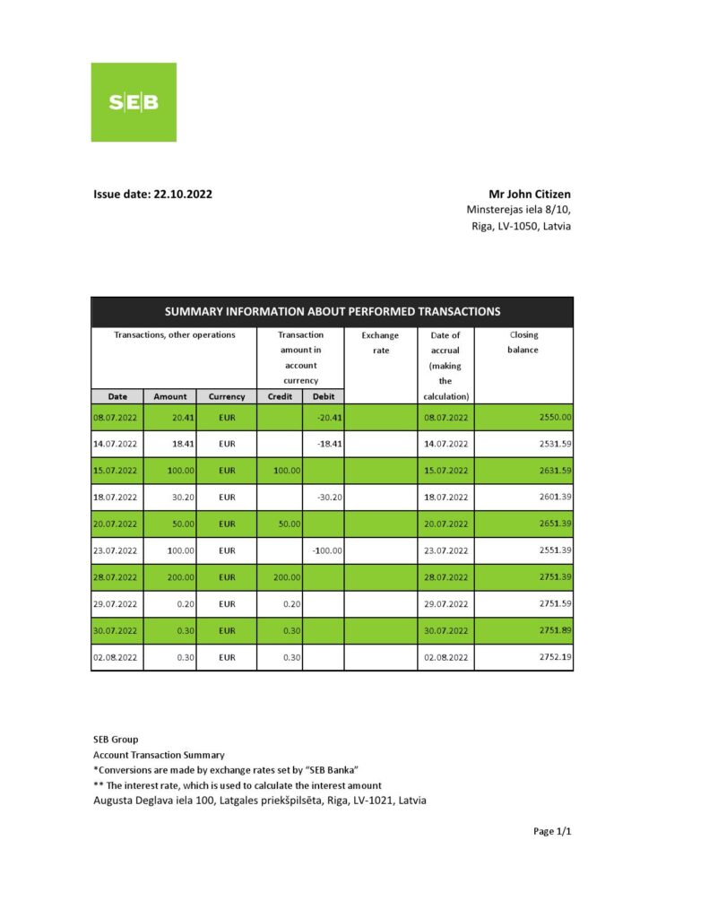 Latvia SEB bank statement Excel and PDF template