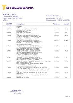 Lebanon Byblos Bank statement template in Word and PDF format