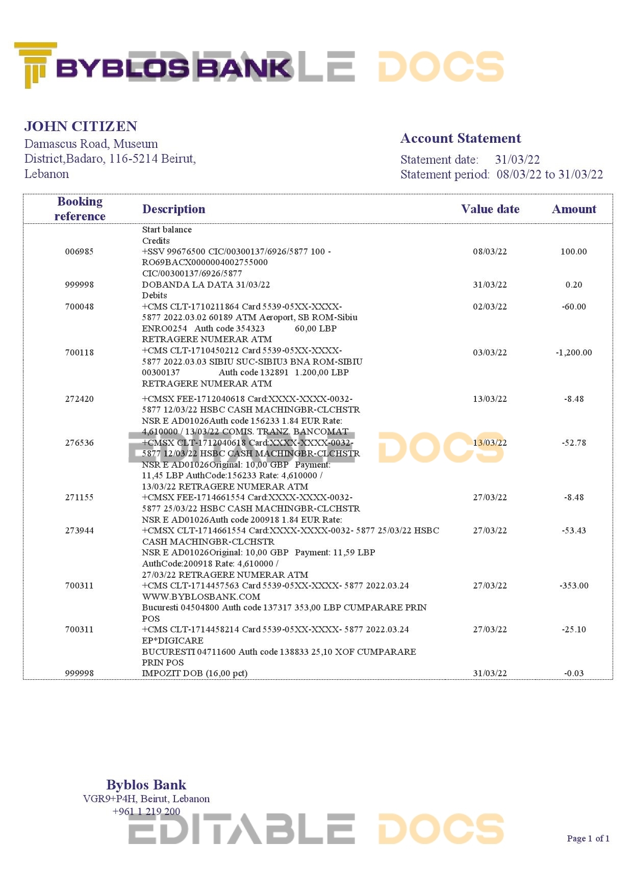 Lebanon Byblos Bank statement template in Word and PDF format