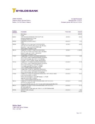 Lebanon Byblos bank statement Excel and PDF template