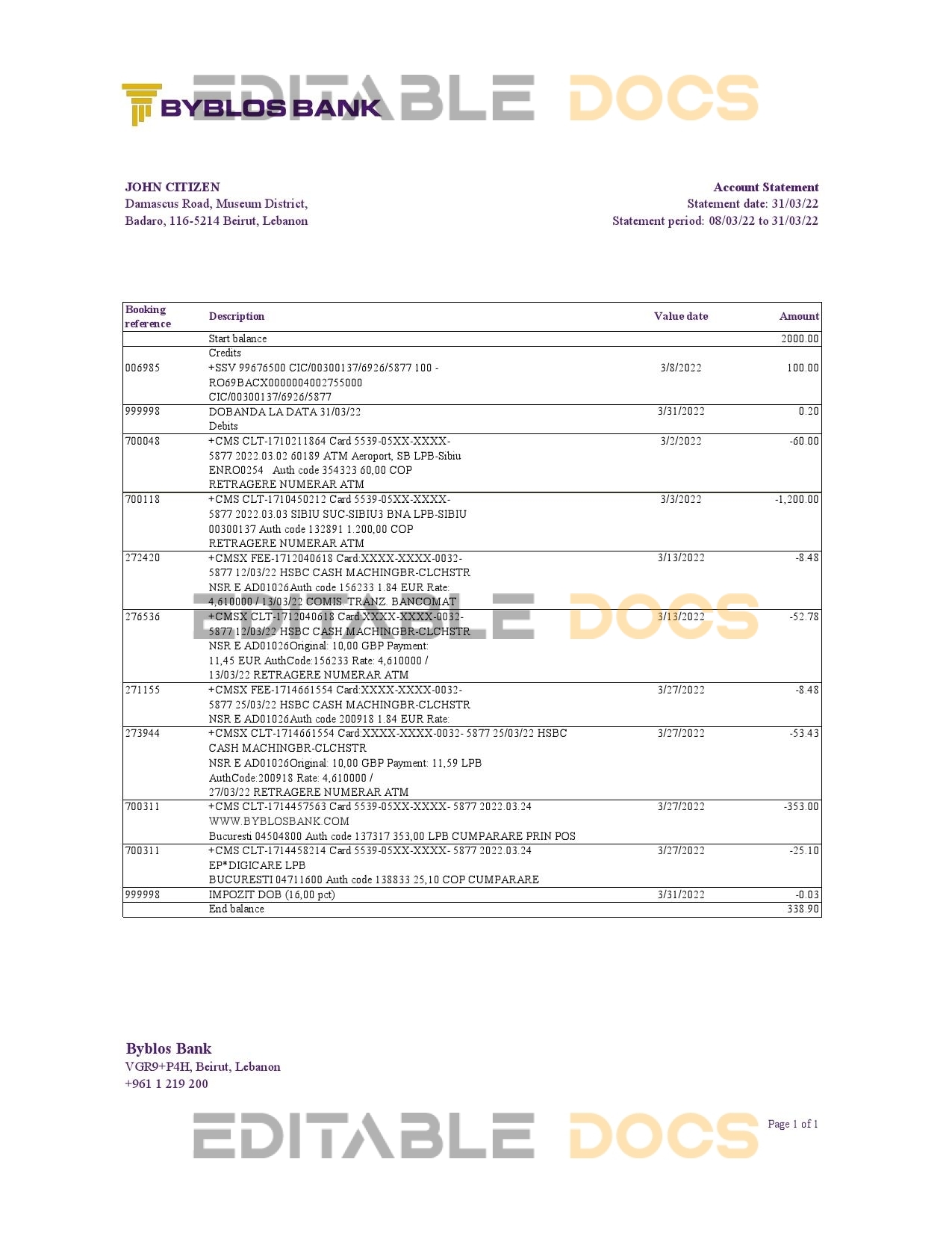 Lebanon Byblos bank statement Excel and PDF template