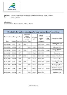 Lebanon Cedrus Bank statement template in Word and PDF format