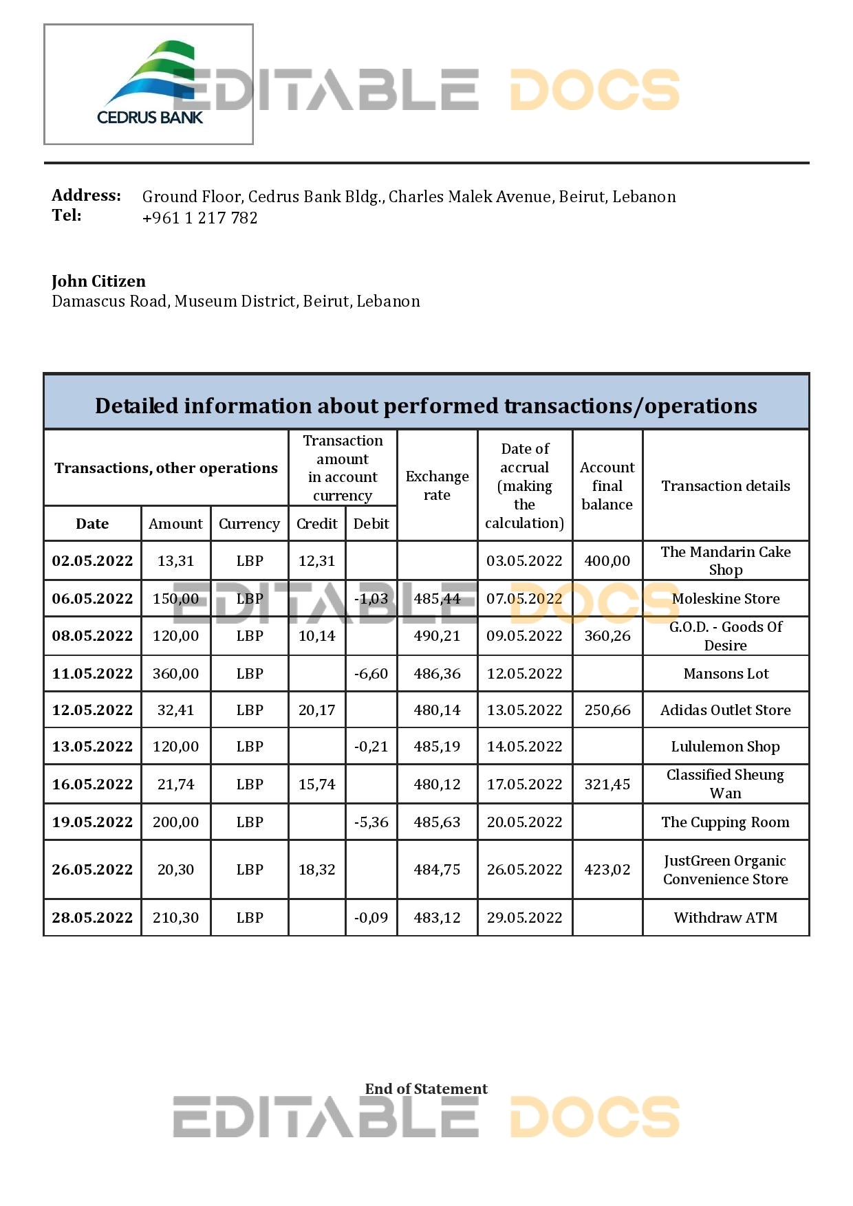Lebanon Cedrus Bank statement template in Word and PDF format