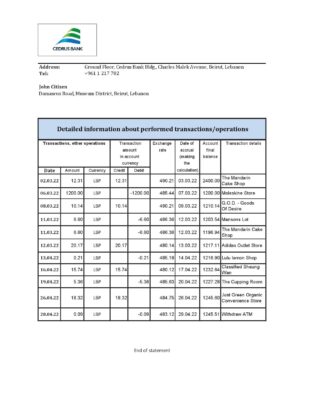 Lebanon Cedrus bank statement Excel and PDF template