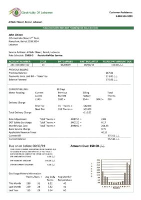 Lebanon Electricity of Lebanon utility bill template in Word and PDF format