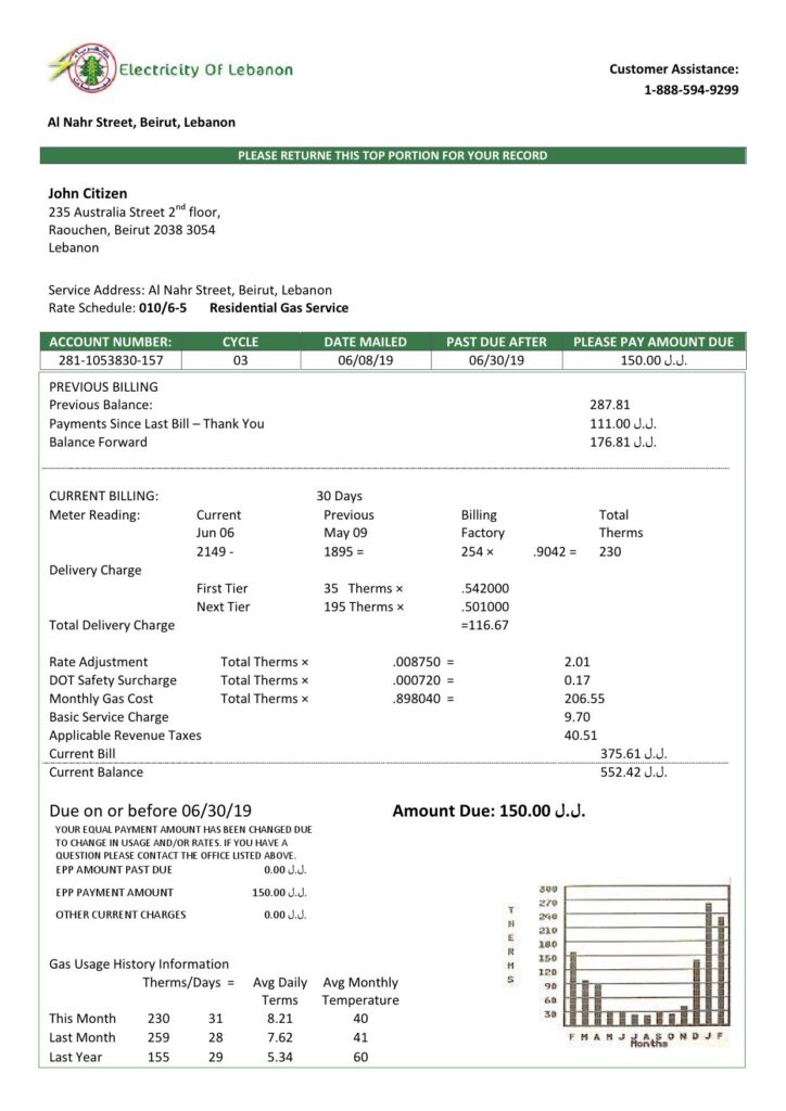 Lebanon Electricity of Lebanon utility bill template in Word and PDF format