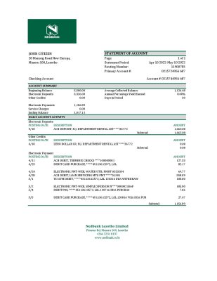 Lesotho Nedbaank bank statement Excel and PDF template