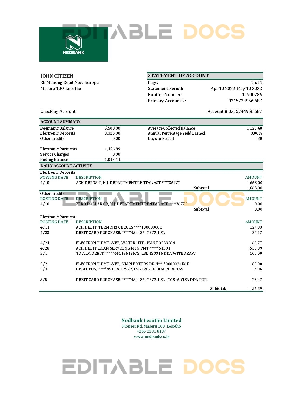 Lesotho Nedbaank bank statement Excel and PDF template