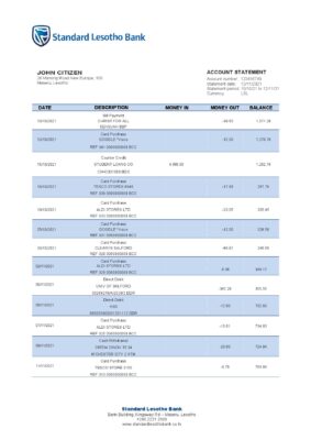 Lesotho Standard Lesotho Bank statement template in Word and PDF format