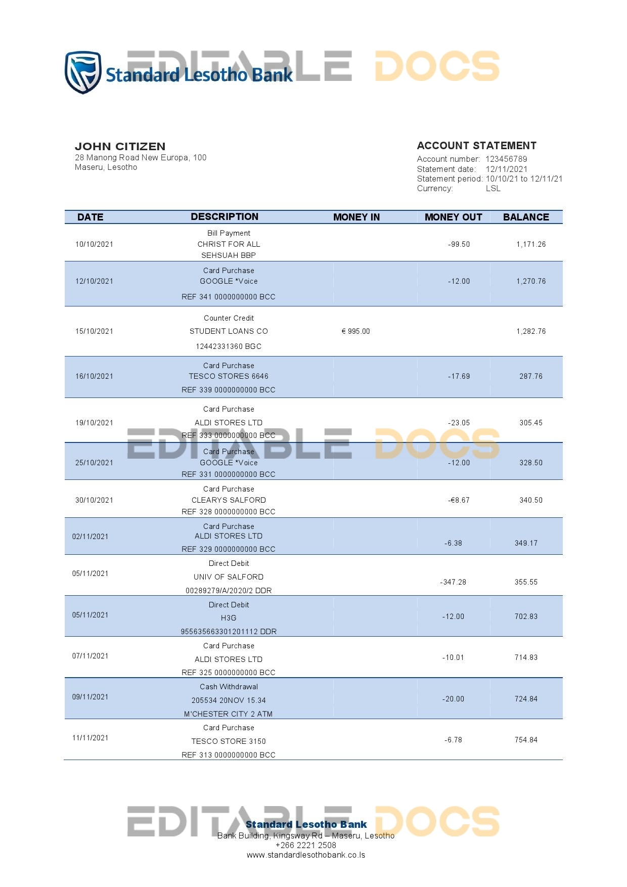 Lesotho Standard Lesotho Bank statement template in Word and PDF format