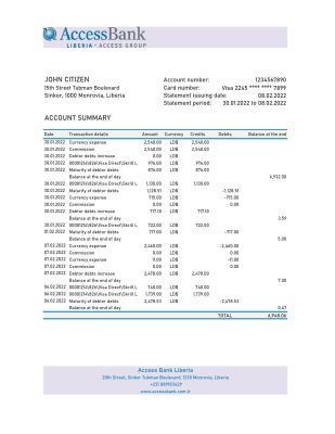 Liberia Access Bank statement Excel and PDF template