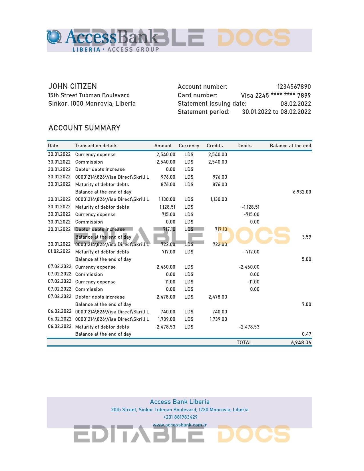 Liberia Access Bank statement Excel and PDF template