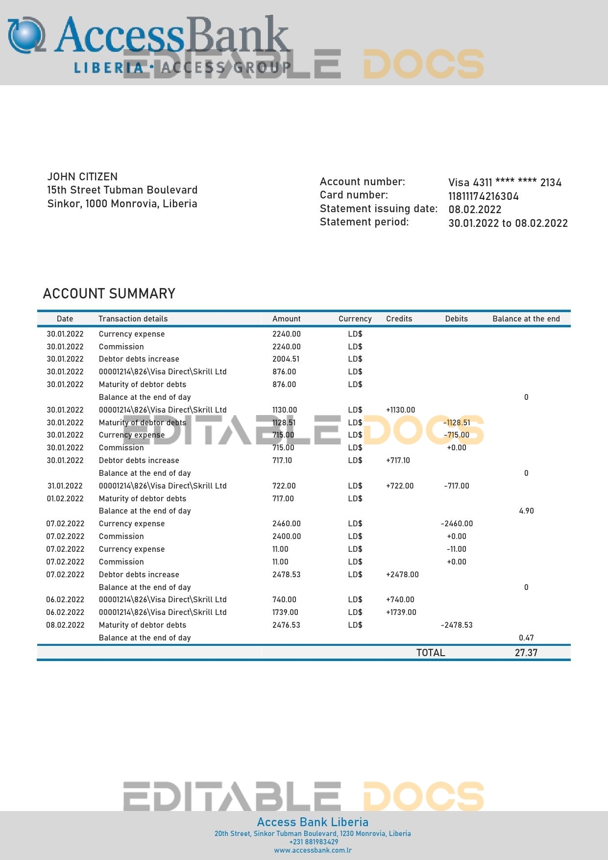 Liberia Access Bank statement template in Word and PDF format