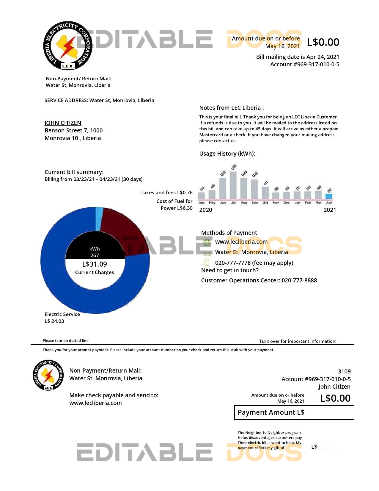 Liberia Electricity Corporation utility bill template in Word and PDF format