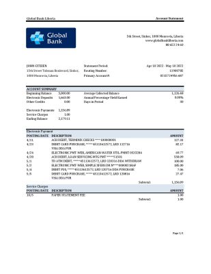 Liberia Global Bank statement Excel and PDF template