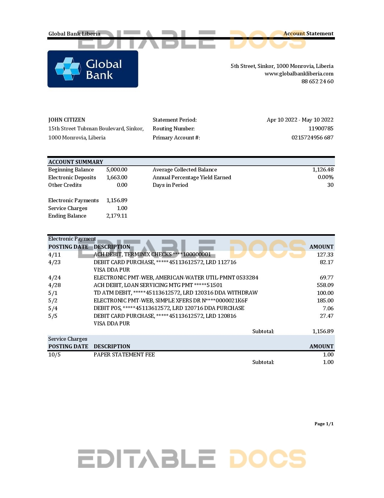 Liberia Global Bank statement Excel and PDF template