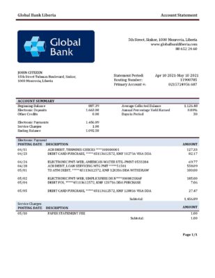 Liberia Global Bank statement template in Word and PDF format