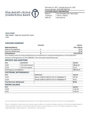 Libya Jumhouria Bank statement template in Word and PDF format