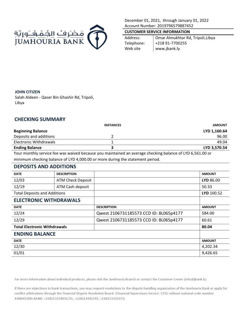 Libya Jumhouria Bank statement template in Word and PDF format
