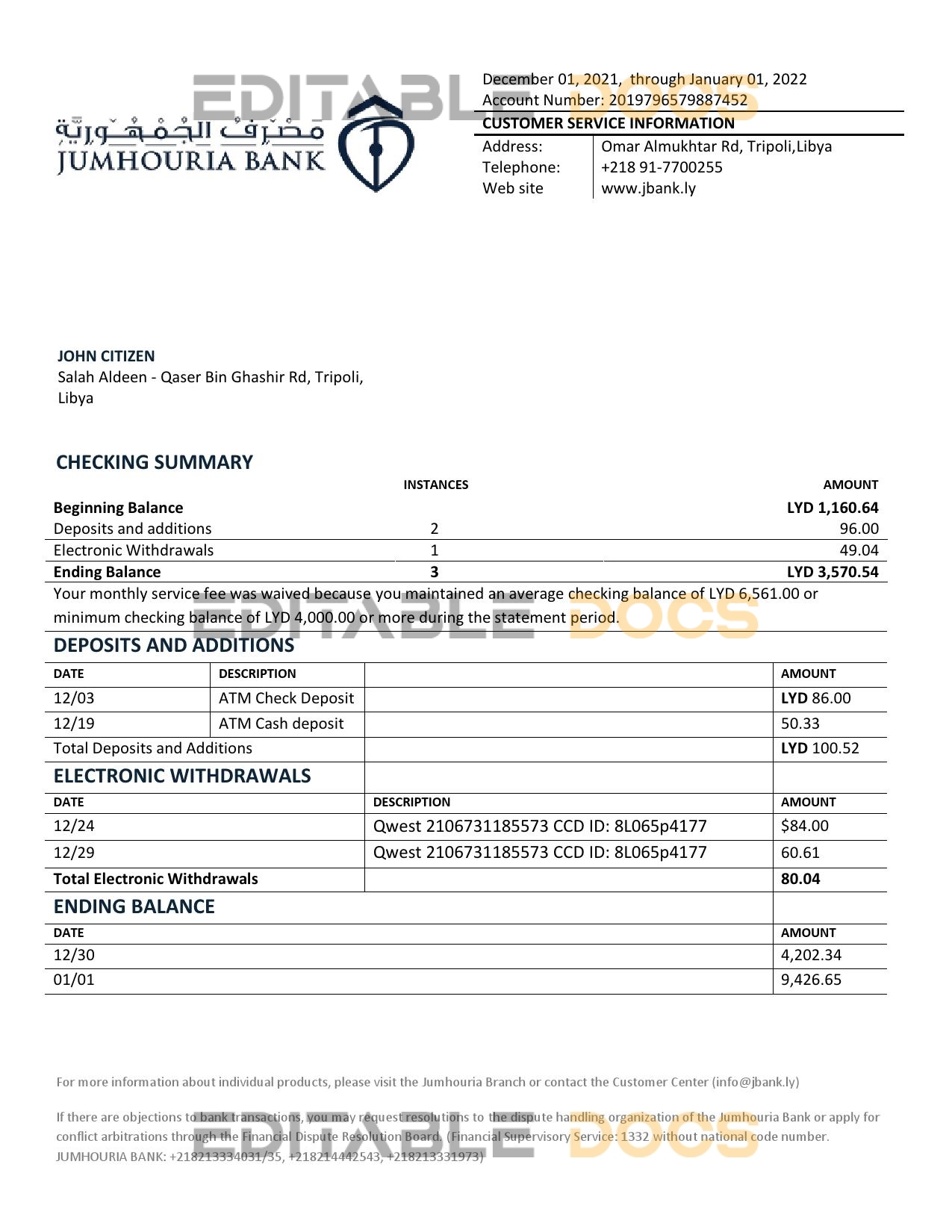 Libya Jumhouria Bank statement template in Word and PDF format