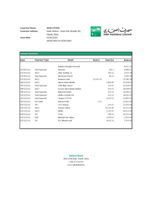 Libya Sahara Bank statement Excel and PDF template