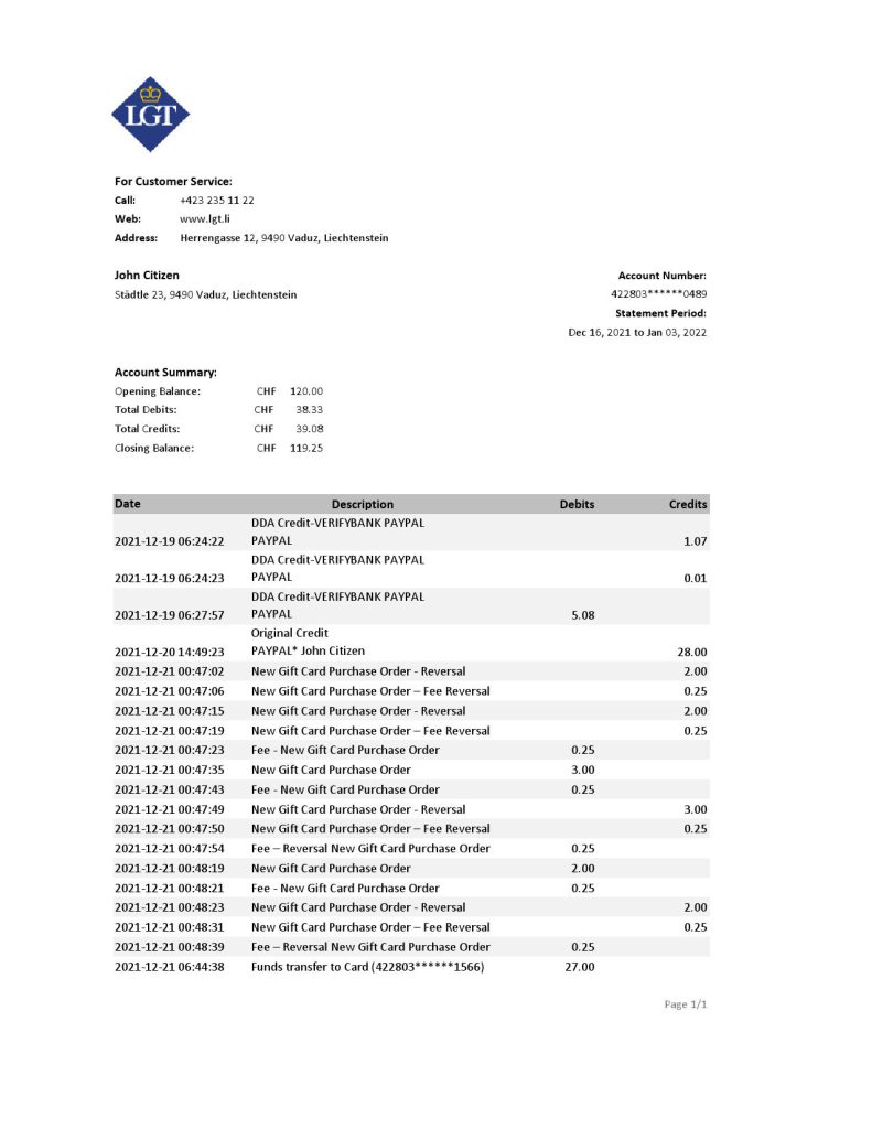 Liechtenstein LGT bank statement Excel and PDF template