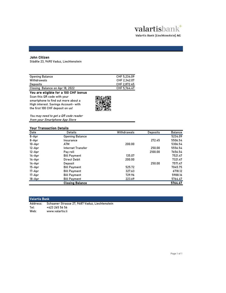 Liechtenstein Valartis bank statement Excel and PDF template