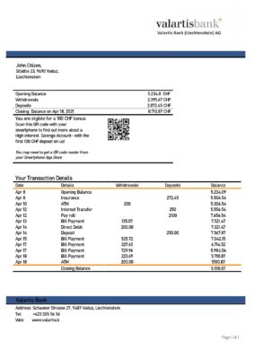 Liechtenstein Valartis bank statement template in Word and PDF format