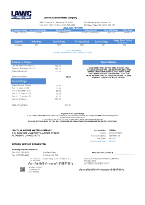 USA California Lincoln Avenue Water Company utility bill template in Word and PDF format