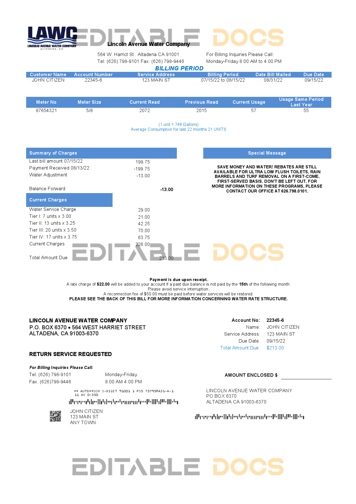 USA California Lincoln Avenue Water Company utility bill template in Word and PDF format