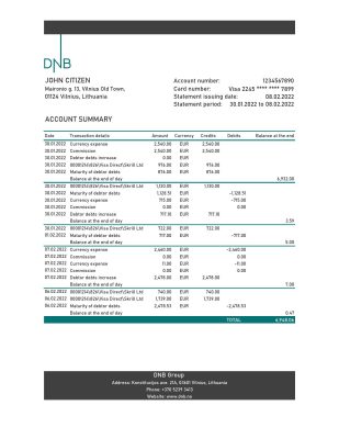 Lithuania DNB bank statement Excel and PDF template
