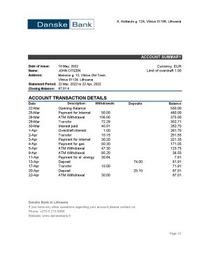 Lithuania Danske bank statement Excel and PDF template