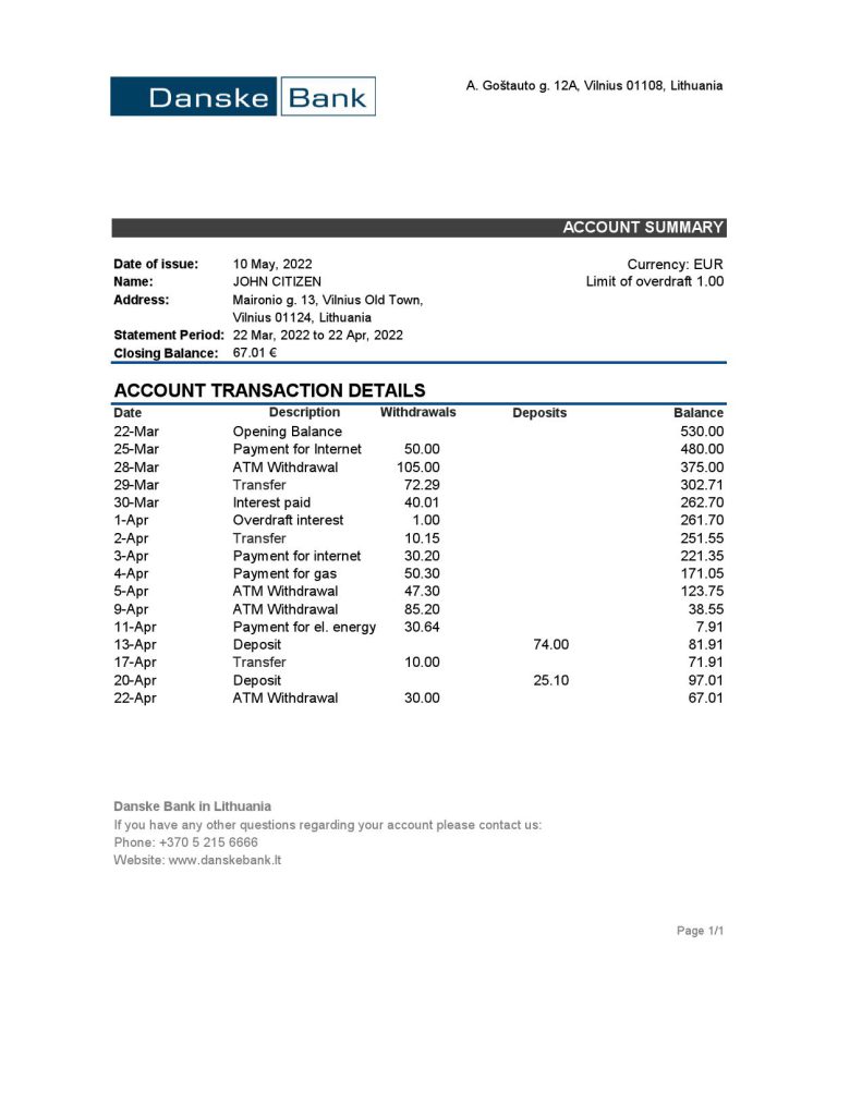Lithuania Danske bank statement Excel and PDF template