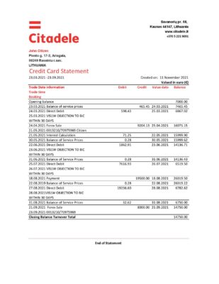 Lithuania (Litva) Citadele bank credit card statement template in Excel and PDF format