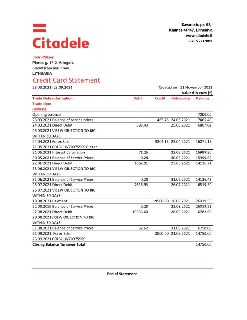 Lithuania (Litva) Citadele bank credit card statement template in Excel and PDF format